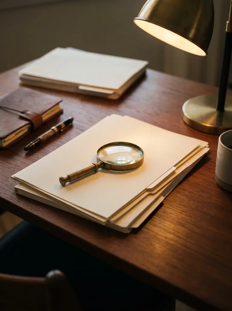 Magnifying glass over company documents