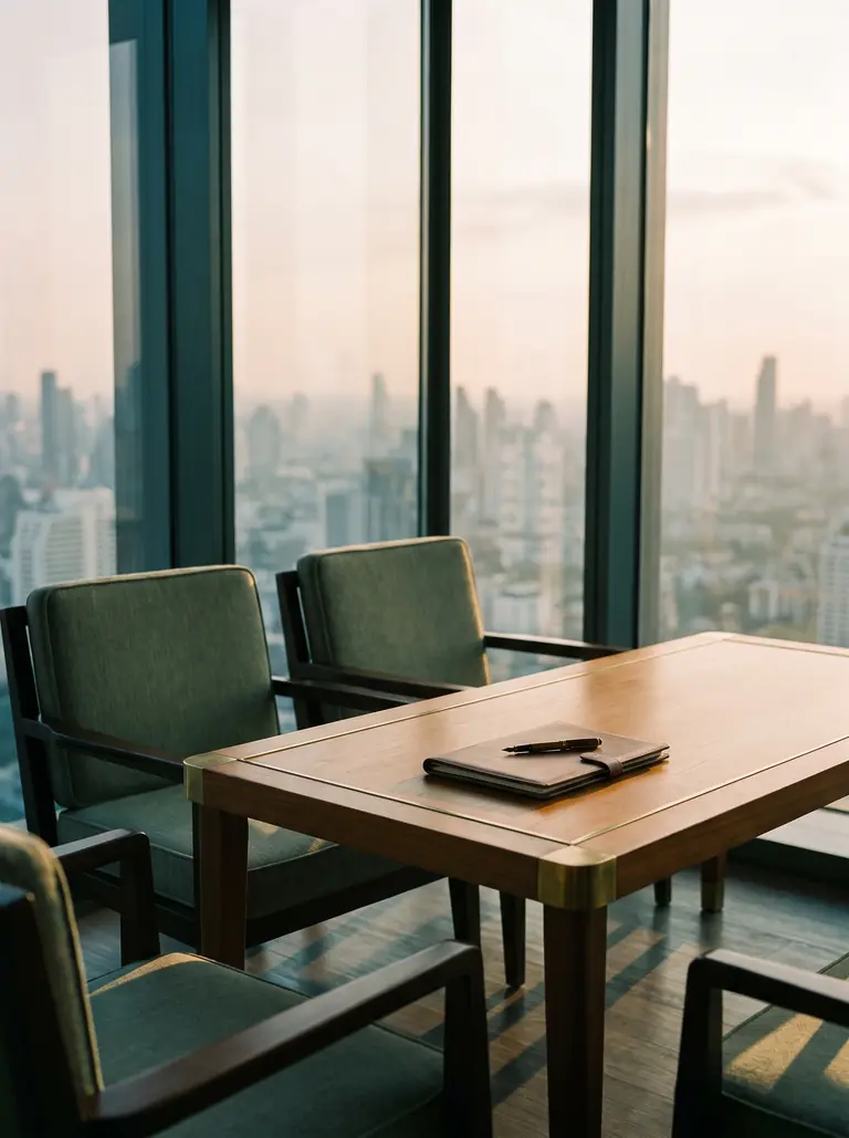Meeting room overlooking Bangkok with a contract on the table