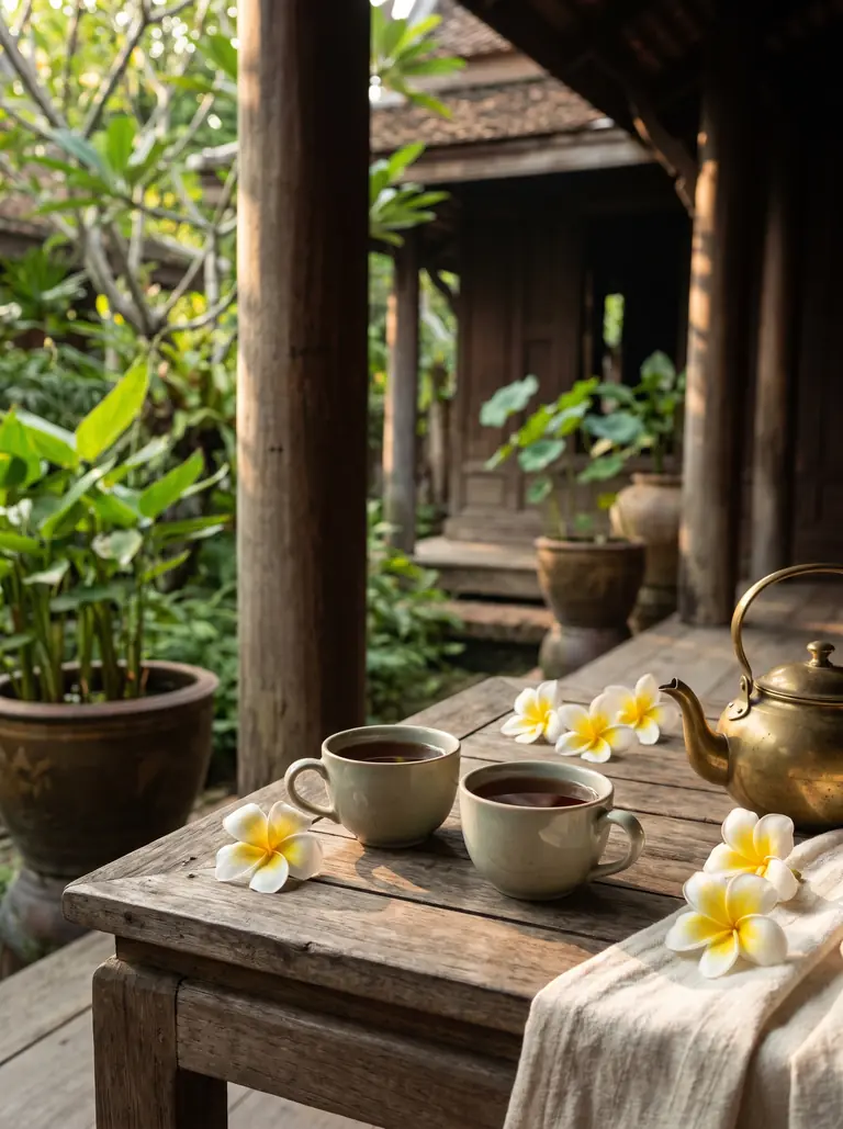 Two cups of tea in a Thai courtyard