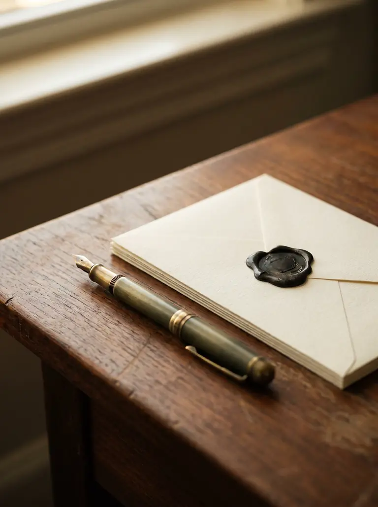 Pen and sealed envelope on an antique desk