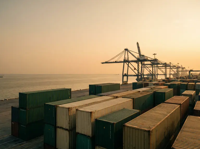 Shipping containers at a Thai seaport at golden hour